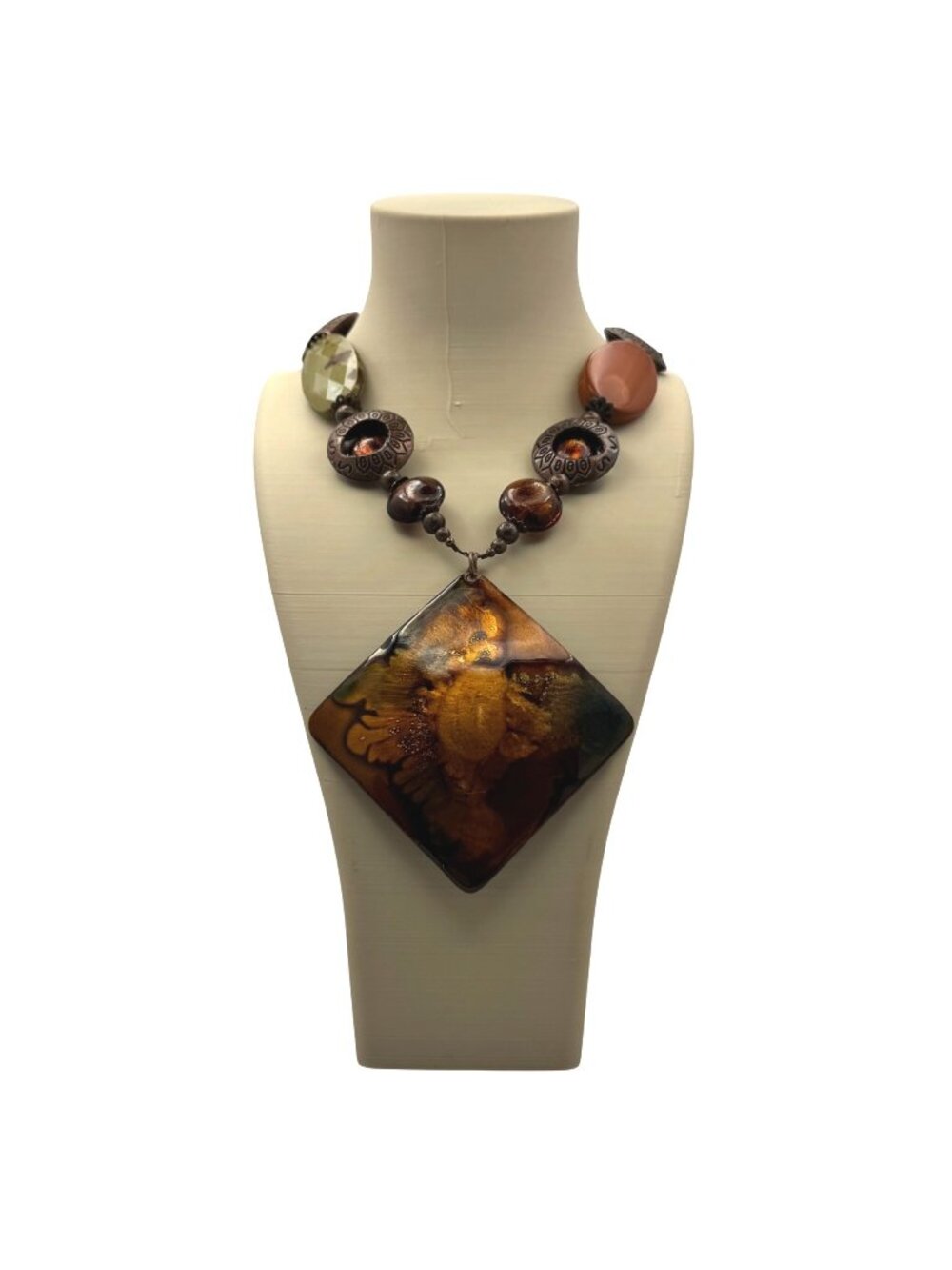 Enamel On Copper Statement Israel Artisan Necklace Glass Beads Amber Bronze Vtg
